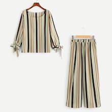Shein Plus Knot Side Striped Top With Pants