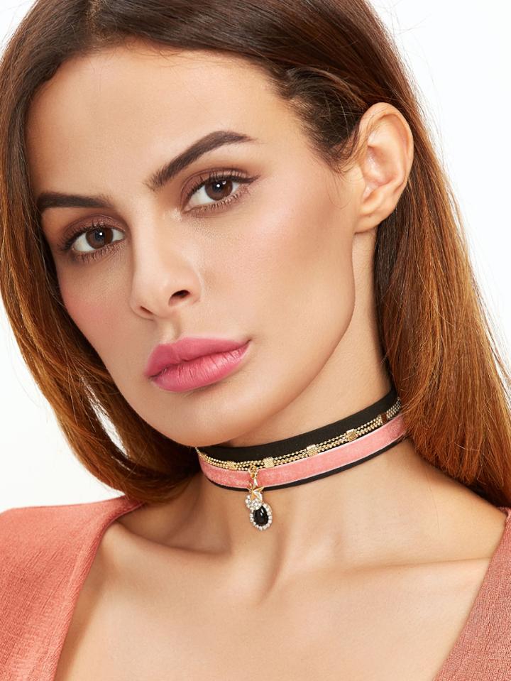 Shein Pink Velvet Gold Star Rhinestone Layered Choker Necklace