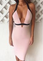 Rosewe Open Back Deep V Neck Pink Bodycon Dress