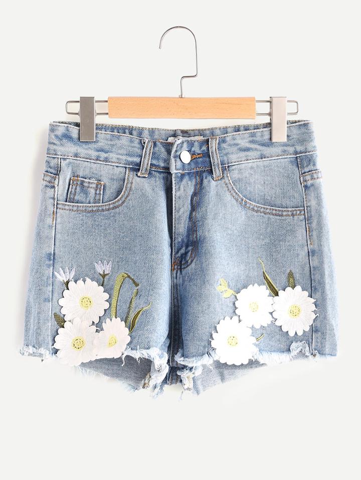 Shein Embroidered Appliques Frayed Hem Denim Shorts