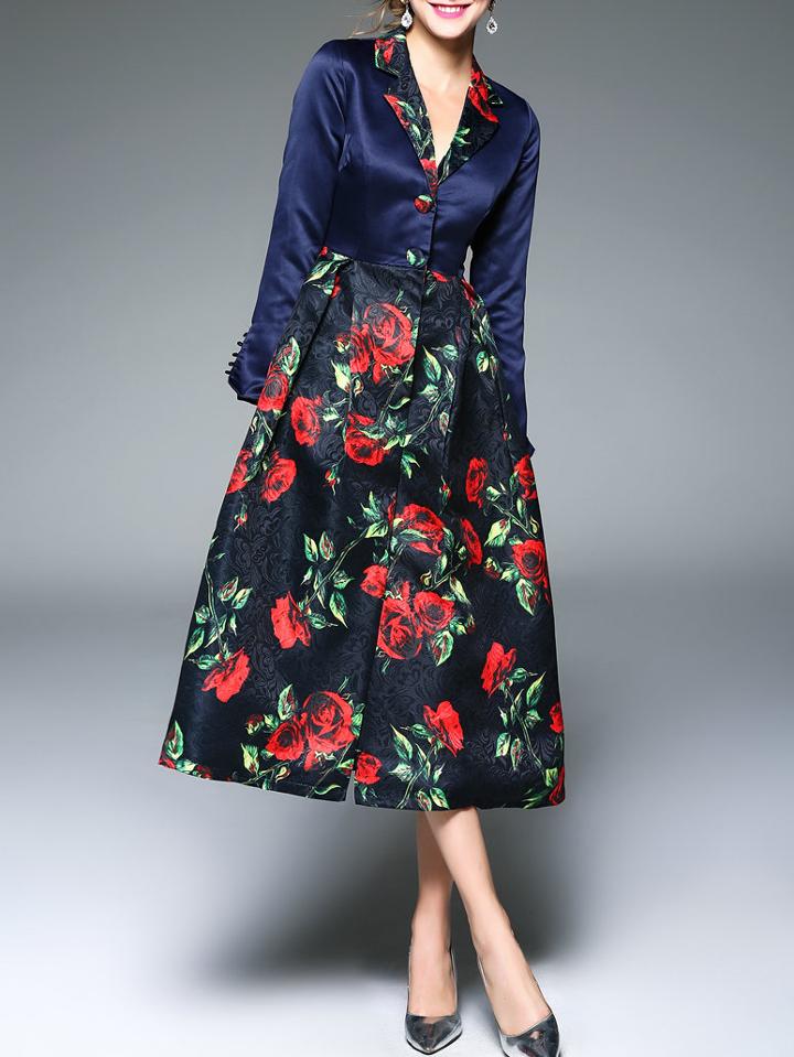 Shein Navy V Neck Flowers Jacquard Dress