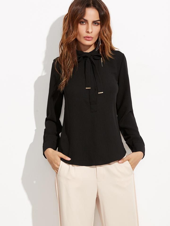 Shein Black Tie Neck Curved Hem Shirt