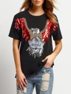 Shein Black Short Sleeve Sequined Eagle Pattern T-shirt