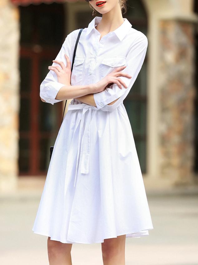 Shein White Lapel Pockets Tie-waist Dress