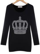 Shein Black Round Neck Bead Crown Pattern Sweatshirt