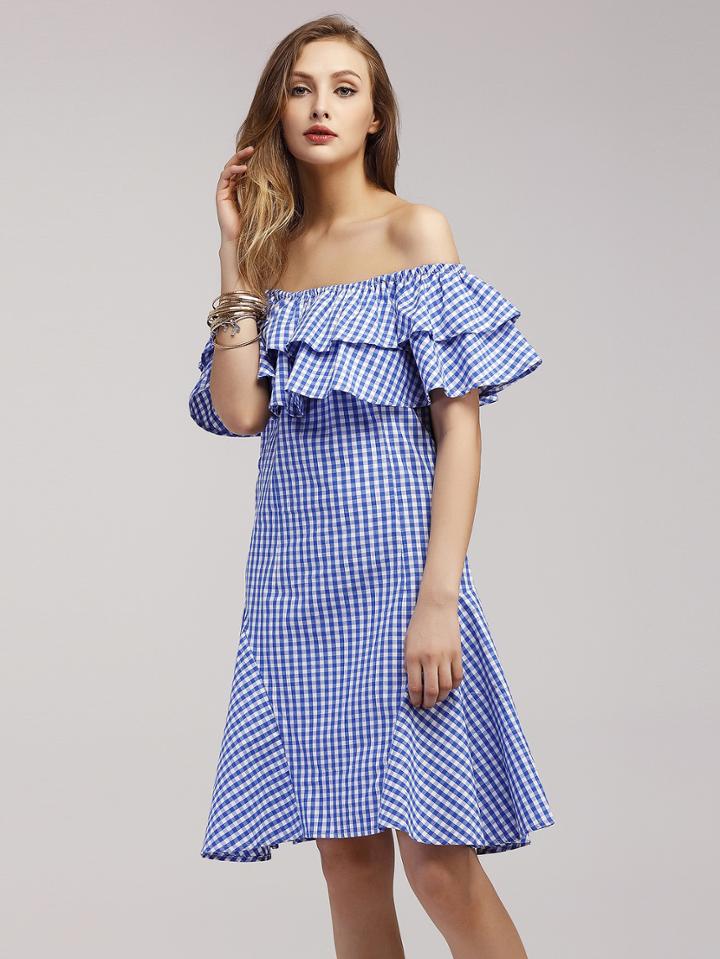 Shein Tiered Flounce Layered Neckline Gingham Dress