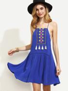 Shein Royal Blue Embroidered Tassel Spaghetti Strap Dress