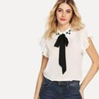 Shein Tie Neck Rhinestone Embellished Ruffle Armhole Top