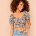 Shein Puff Sleeve Shirred Square Back Ditsy Top