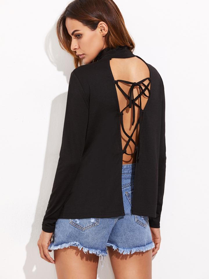 Shein Black Cowl Neck Split Lace Up Back T-shirt