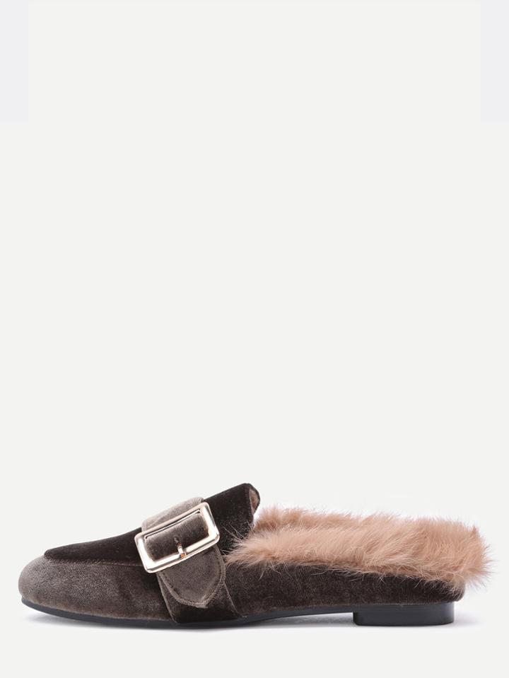 Shein Brown Velvet Buckled Faux Fur Embellished Flats
