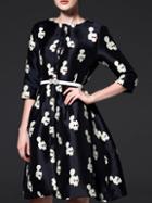 Shein Black Cats Embroidered Belted A-line Dress