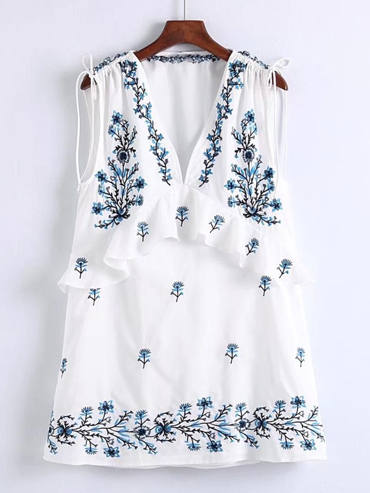 Shein Ruffle Trim Lace Up Detail Embroidery Dress