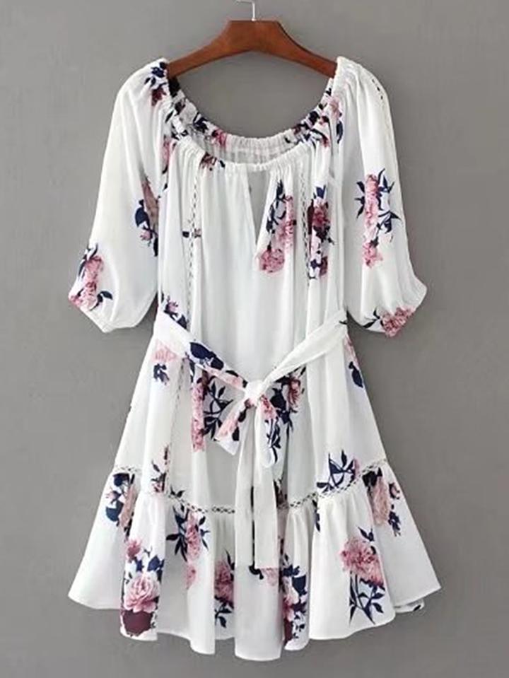 Shein Boat Neckline Tie Waist Ruffle Hem V Cut Out Dress