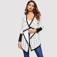 Shein Draped Collar Contrast Trim Grid Coat