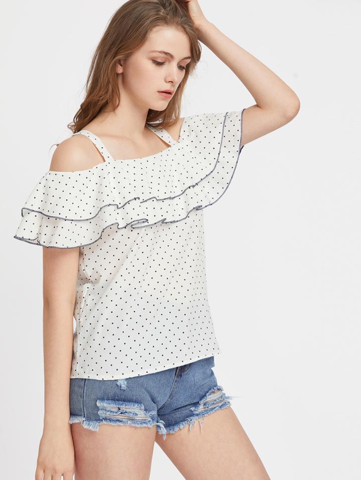 Shein Cold Shoulder Polka Dot Layered Frill Trim Top