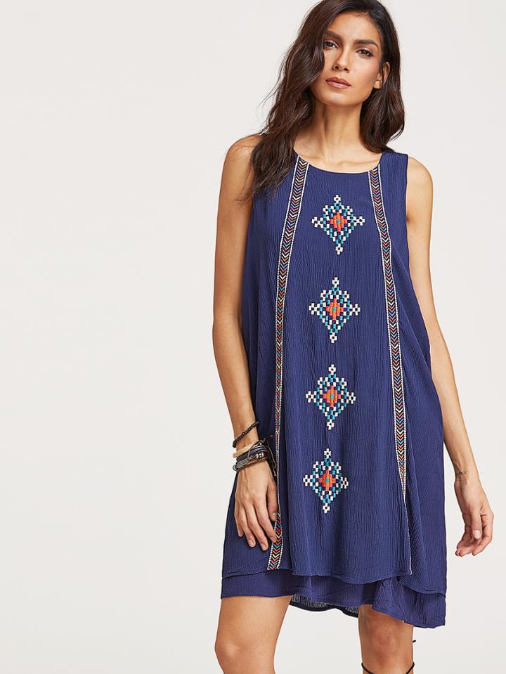 Shein Navy Embroidered Layered Keyhole Back Tank Dress