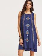 Shein Navy Embroidered Layered Keyhole Back Tank Dress