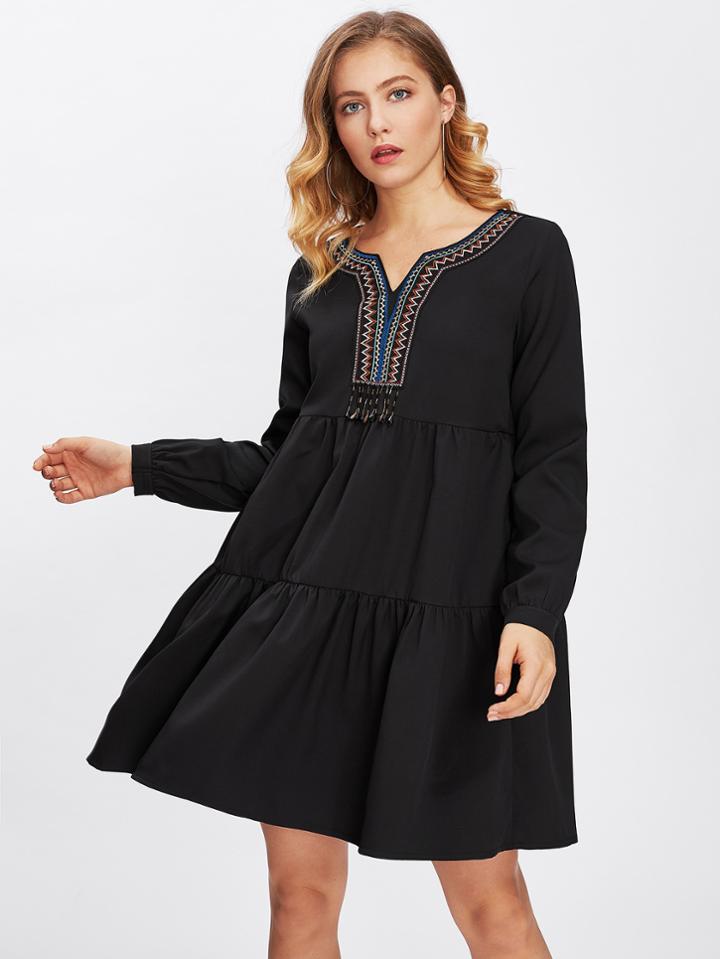 Shein Beading Fringe Detail Embroidered Neck Tiered Dress