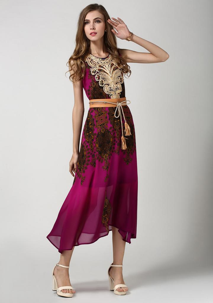 Shein Purple Sleeveless Vintage Floral Belt Dress