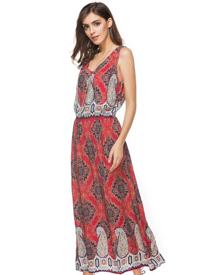Shein V Neckline Grommet Detail Ornate Print Dress With Necklace
