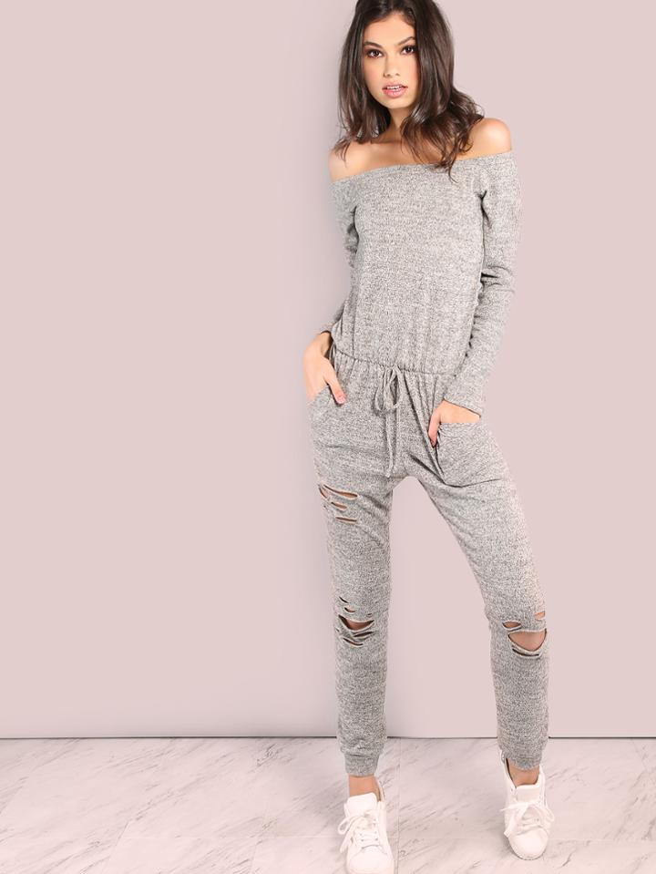 Shein Sleeved Off The Shoulder Distressed Sweatshirt Jumpsuit Grey