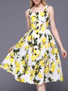 Shein White Strap Lemons Print Pockets A-line Dress