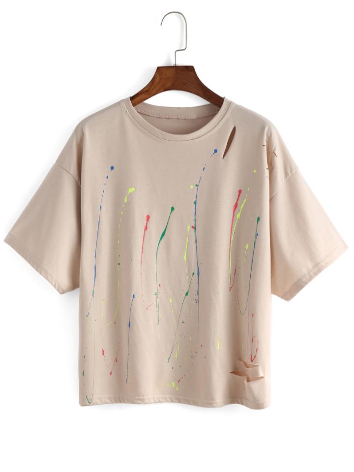 Shein Paint Splat Drop Shoulder Cutout Beige T-shirt