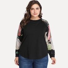Shein Plus Floral Print Sleeve Contrast Dolphin Hem Top
