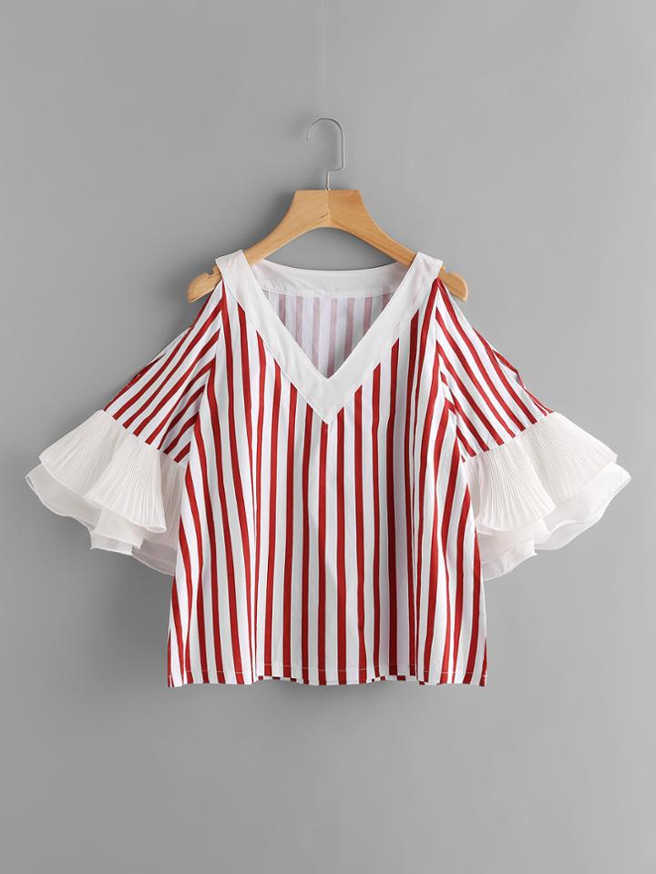 Shein Contrast Tiered Flute Sleeve Vertical Striped Blouse