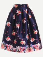 Shein Navy Floral Print Flare Skirt
