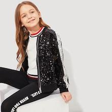 Shein Girls Contrast Letter Tape Sequin Jacket