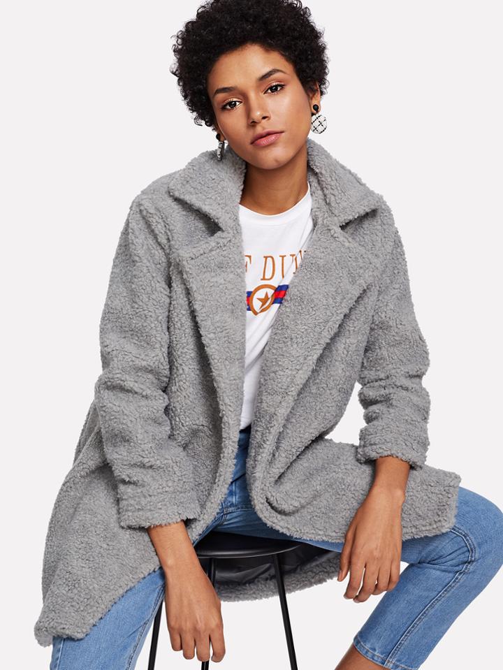 Shein Notch Collar Solid Fuzzy Coat