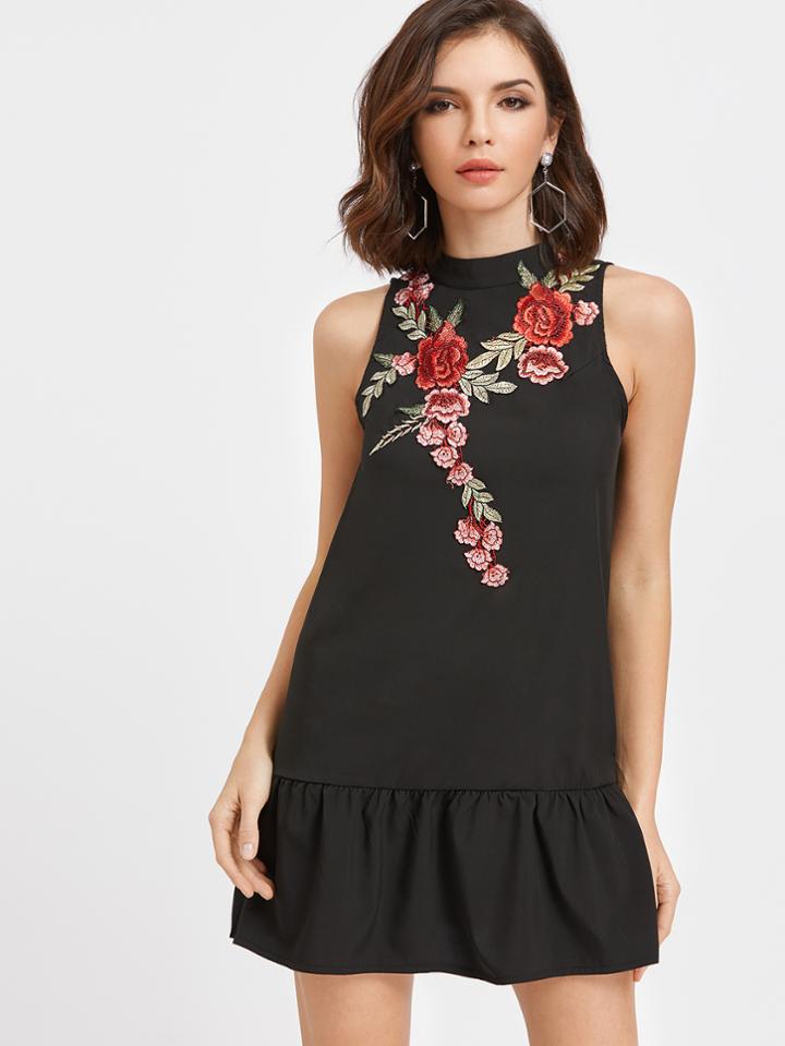 Shein Black Open Back Applique Ruffle Hem Dress