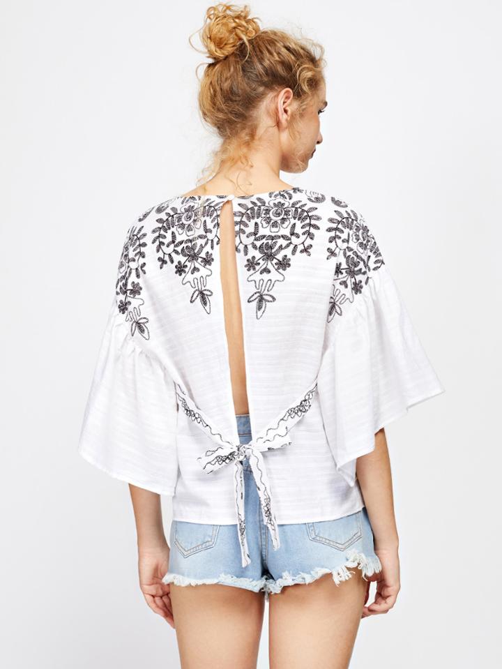 Shein Self Tie Open Back Kimono Sleeve Embroidered Top