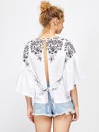 Shein Self Tie Open Back Kimono Sleeve Embroidered Top