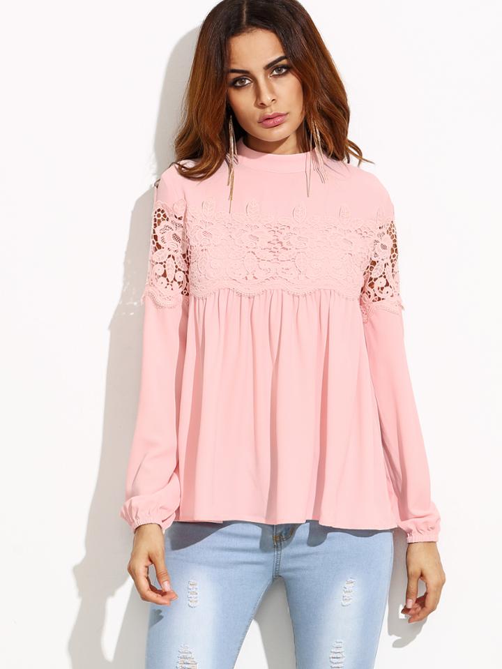 Shein Pink Mock Neck Lace Applique Babydoll Top