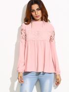 Shein Pink Mock Neck Lace Applique Babydoll Top