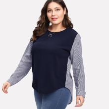 Shein Plus Contrast Pinstriped Dip Hem Blouse
