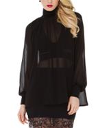 Shein Black High Neck Sheer Mesh Chiffon Blouse