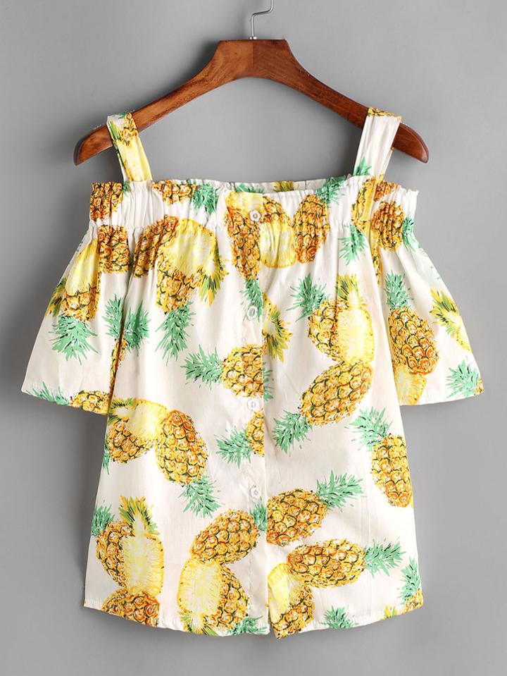 Shein Pineapple Print Cold Shoulder Top