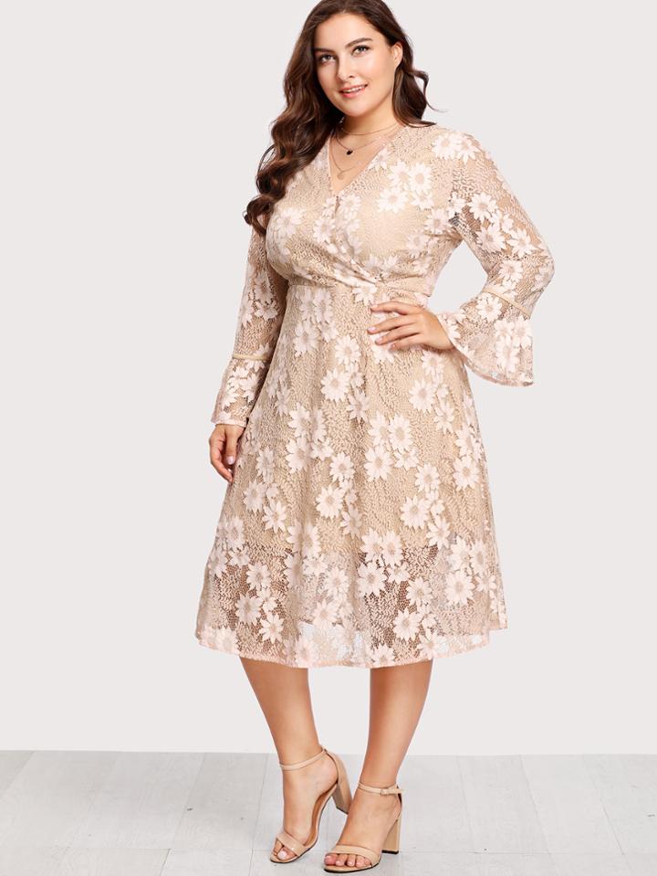 Shein Flounce Sleeve Surplice Wrap Floral Lace Dress