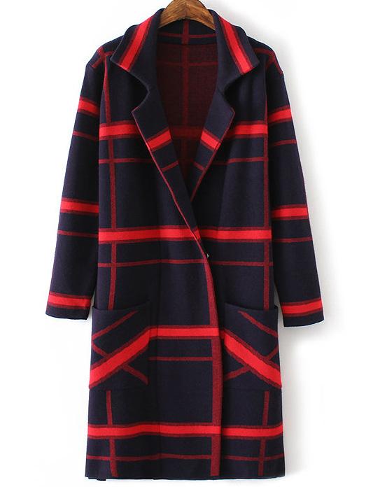 Shein Navy Plaid Shawl Collar Pocket Sweater Coat With Hidden Button