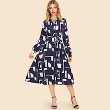 Shein V Neck Geo Belted 80s Dress
