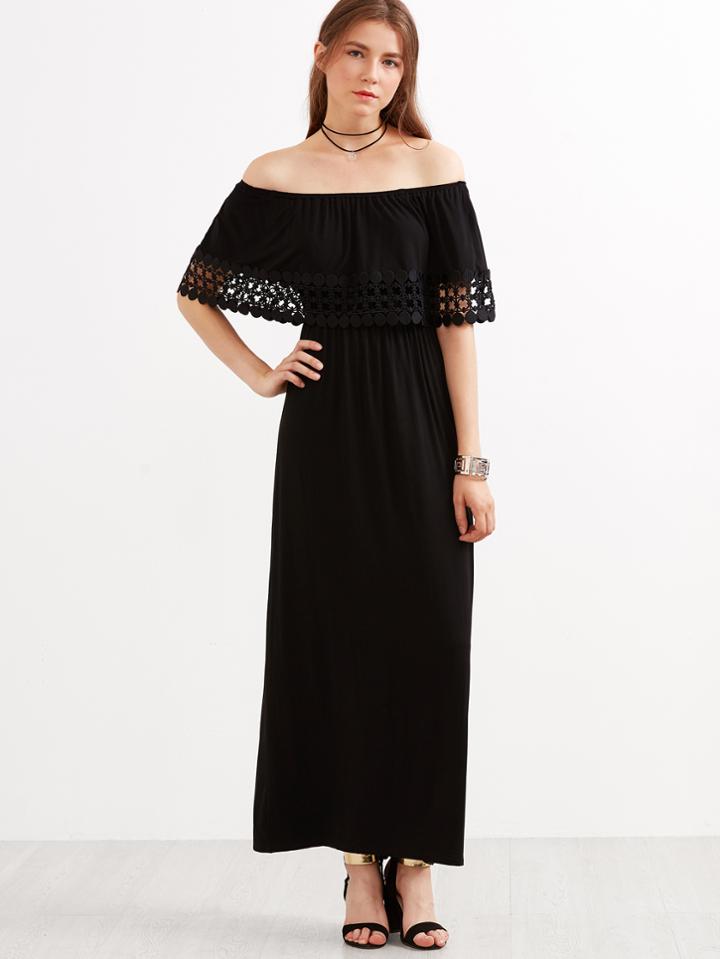 Shein Black Dotted Crochet Trim Off The Shoulder Ruffle Dress