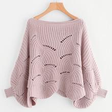 Shein Eyelet Detail Dolman Sleeve Scalloped Sweater
