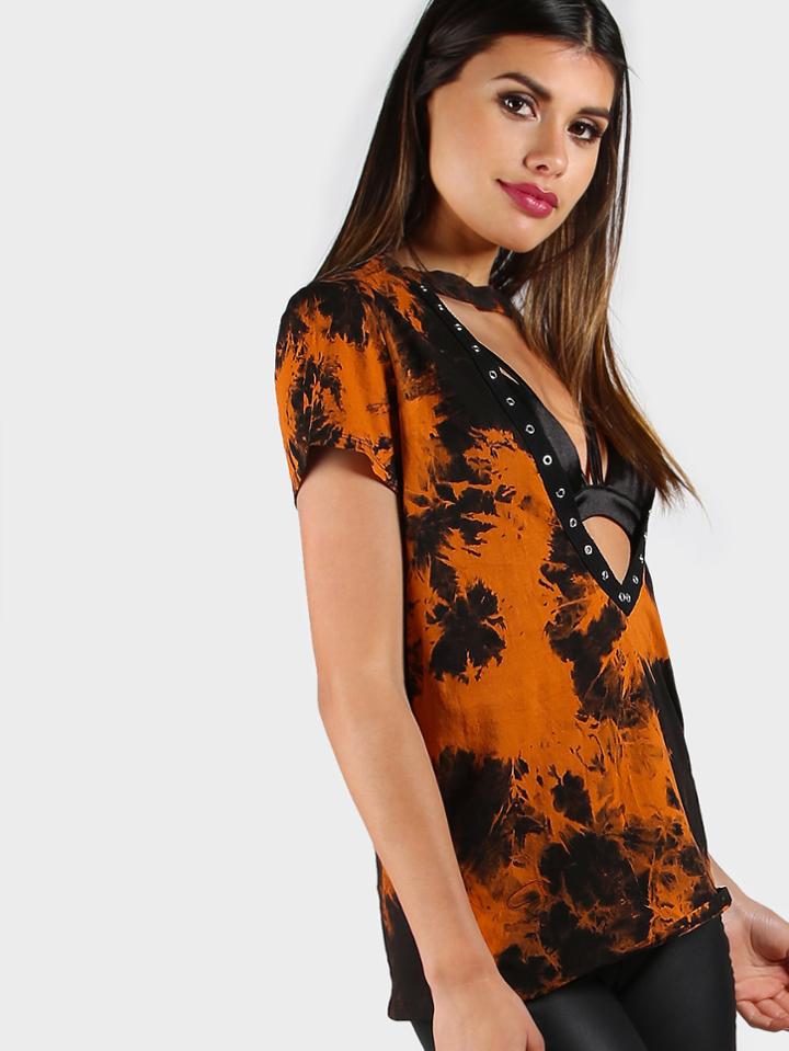 Shein Grommet Detail Plunge Choker Tie Dye Top