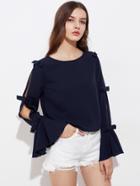 Shein Bow Embellished Split Back And Bell Sleeve Top