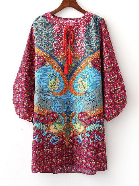 Shein Red Long Sleeve Printed Self Tie Tassel Vintage Dress