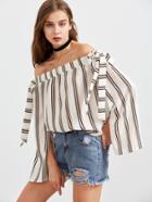 Shein White Striped Off The Shoulder Split Sleeve Top